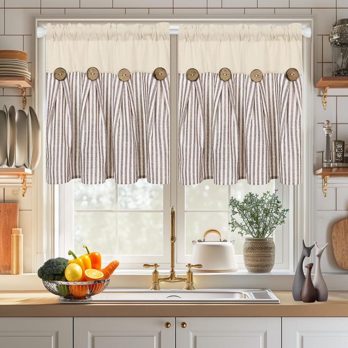 ASPMIZ Cotton Linen Kitchen Valance Curtains, Boho Rustic Button Linen Valances for Windows Farmhouse, Black with Grey Stripe Valance Window Topper Treatment Window Valances for Bathroom, 52 x 18 Inch