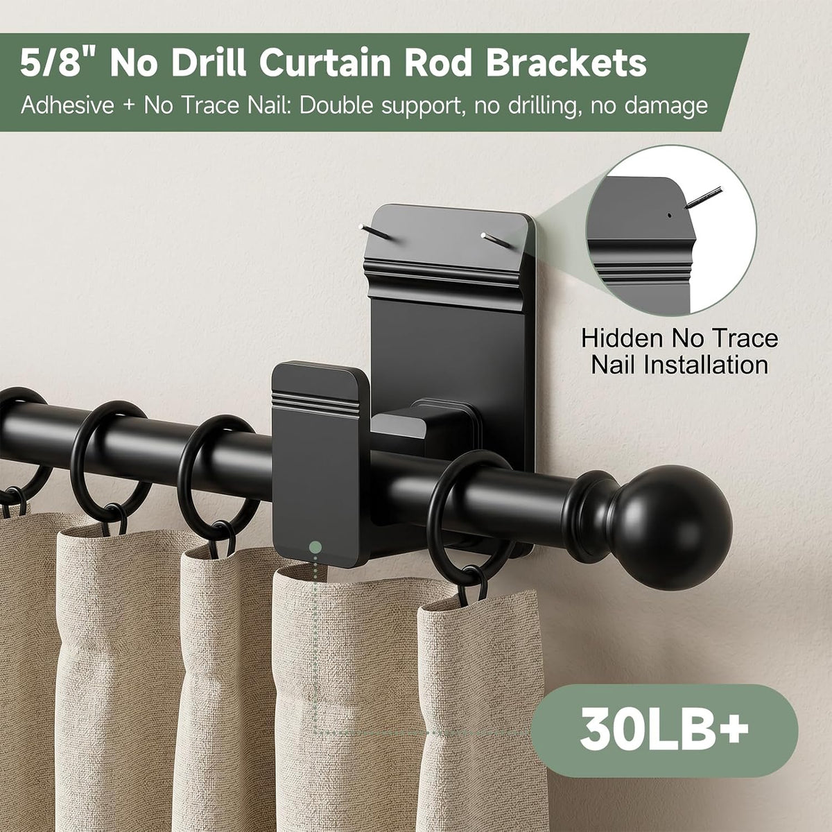 EKOTTOK No Drill Curtain Rod Brackets for 5/8" Rod, Heavy Duty 30LB+, Adhesive & Invisible Nail Curtain Rod Holders, Damage-Free Wall Mount Hooks for Bathroom, Kitchen, Bedroom (8PC, Black)