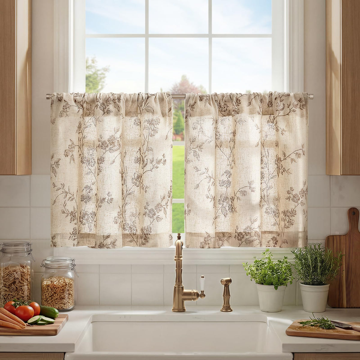 jinchan Floral Linen Kitchen Tier Curtains, 36 Inch, 2 Panels, Taupe