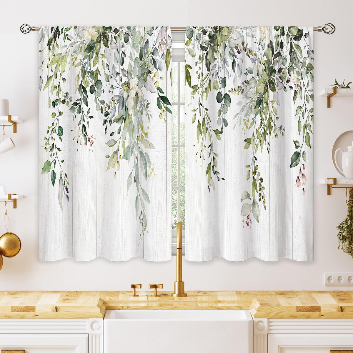 Eucalyptus Botanical Leaves Floral Kitchen Window Curtains Over Sink Boho Farmhouse Flower Leaf Small Window Treatment Sage Green Cafe Short Curtains for Bathroom Tier Drapes 27.5x39 inch