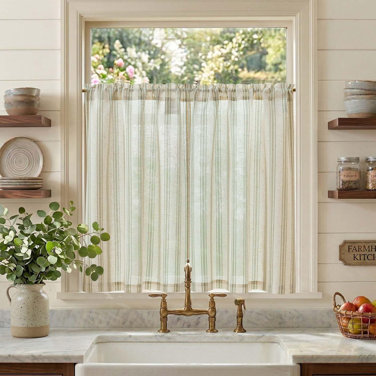 jinchan Linen Striped Tier Curtains for Kitchen Windows Farmhouse