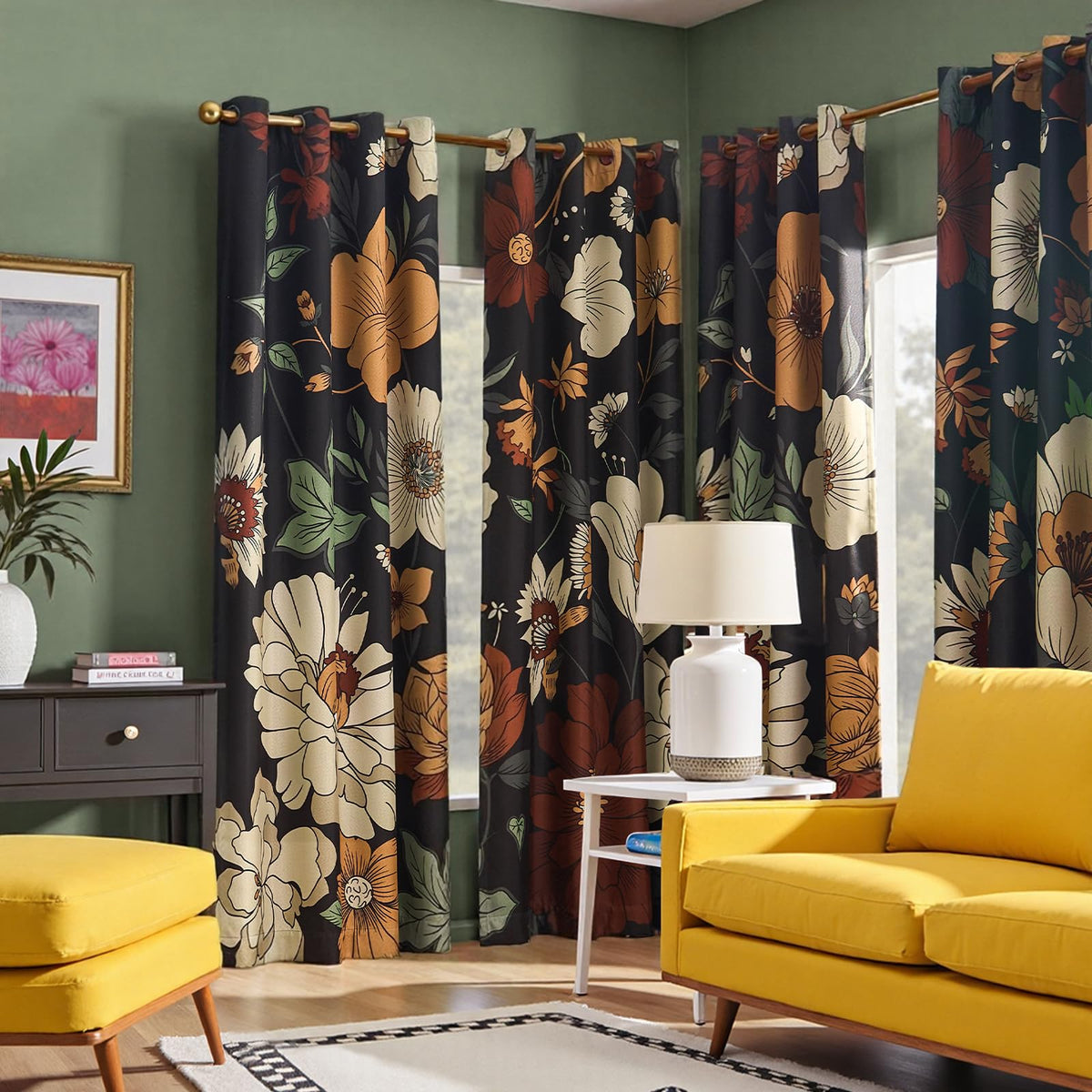 jinchan Black Boho Floral Blackout Curtains 84 Inch Grommet 2 Panels
