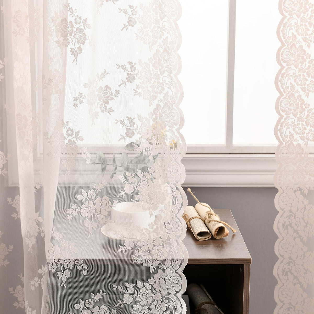 Kotile Short Beige Lace Curtains for Kitchen Windows W42xL45 Inch, 2 Panels