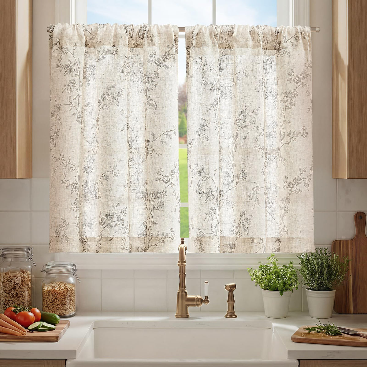 jinchan Floral Linen Kitchen Tier Curtains, 36 Inch, 2 Panels, Taupe