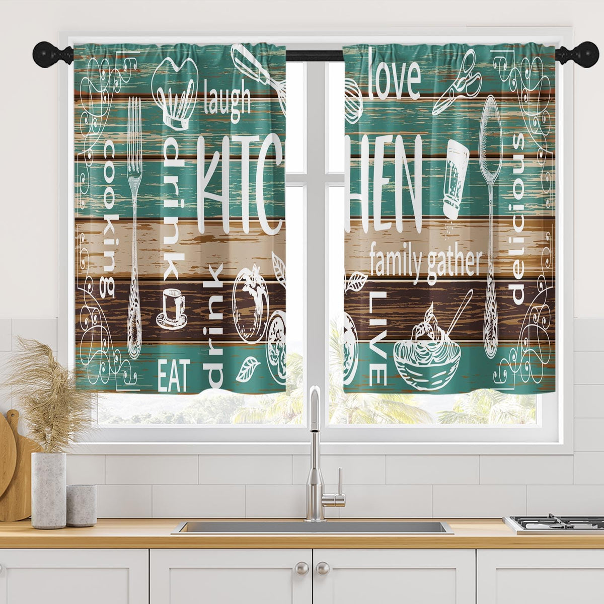 Arttown Kitchen Curtains 63 Inch Length, 2 Pack, Abstract Doodle Modern