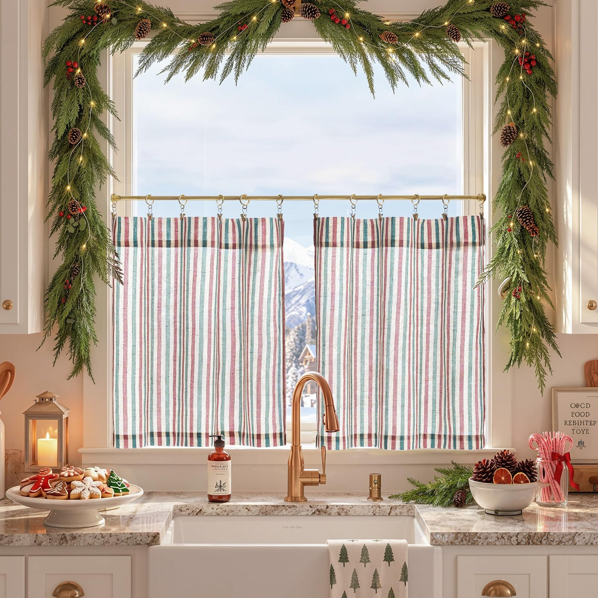 jinchan Striped Linen Kitchen Tier Curtains, 20 Inch, Tan, 2 Panels