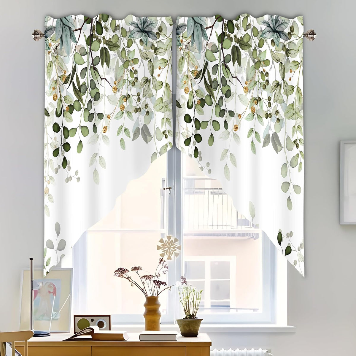 Sage Green Eucalyptus Leaves Swag Curtains 1 Pair, 28x36 in