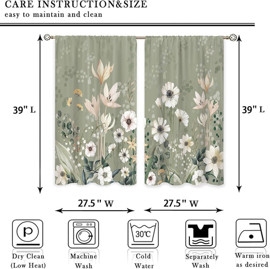 Green Boho Flower Small Kitchen Curtains Flower Plant Window Treatment Botanical Herb Chic Rod Pocket Cafe Short Window Curtains for Bathroom Dining Room Tier Treatment Drapes 27.5x39 inch