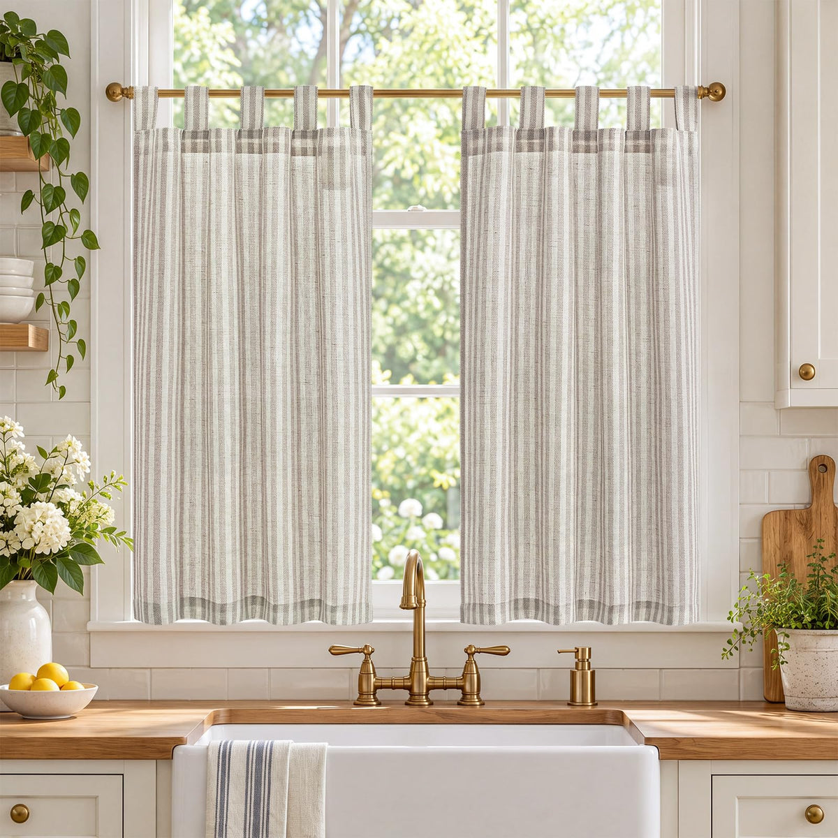 jinchan Striped Linen Kitchen Tier Curtains, 30 Inch, Sage Green, 2 Panels