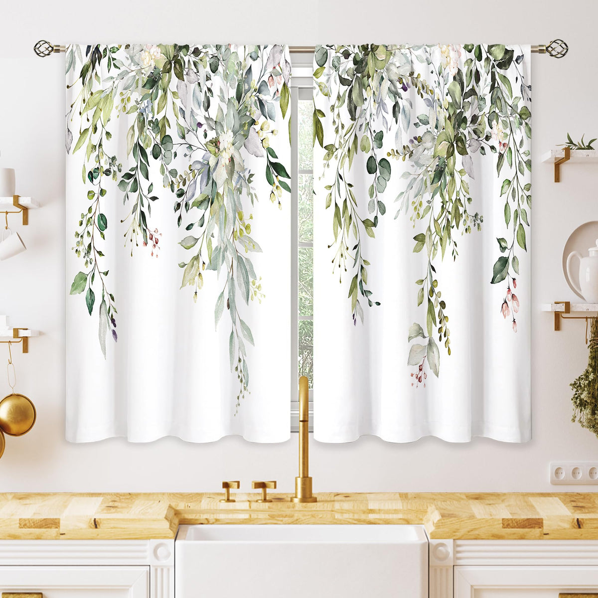 Eucalyptus Botanical Leaves Floral Kitchen Window Curtains Over Sink Boho Farmhouse Flower Leaf Small Window Treatment Sage Green Cafe Short Curtains for Bathroom Tier Drapes 27.5x39 inch