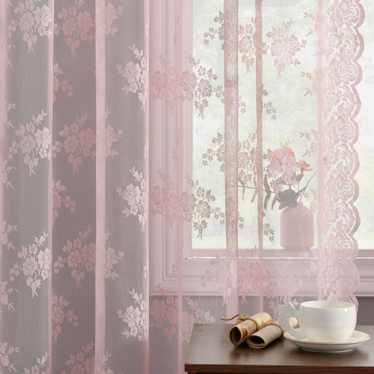 Kotile Short Beige Lace Curtains for Kitchen Windows W42xL45 Inch, 2 Panels