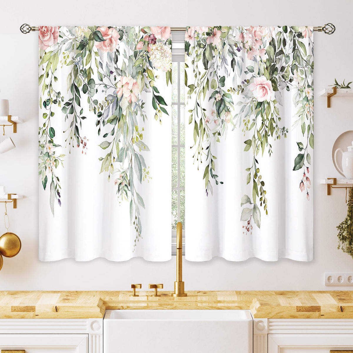 Eucalyptus Botanical Leaves Floral Kitchen Window Curtains Over Sink Boho Farmhouse Flower Leaf Small Window Treatment Sage Green Cafe Short Curtains for Bathroom Tier Drapes 27.5x39 inch