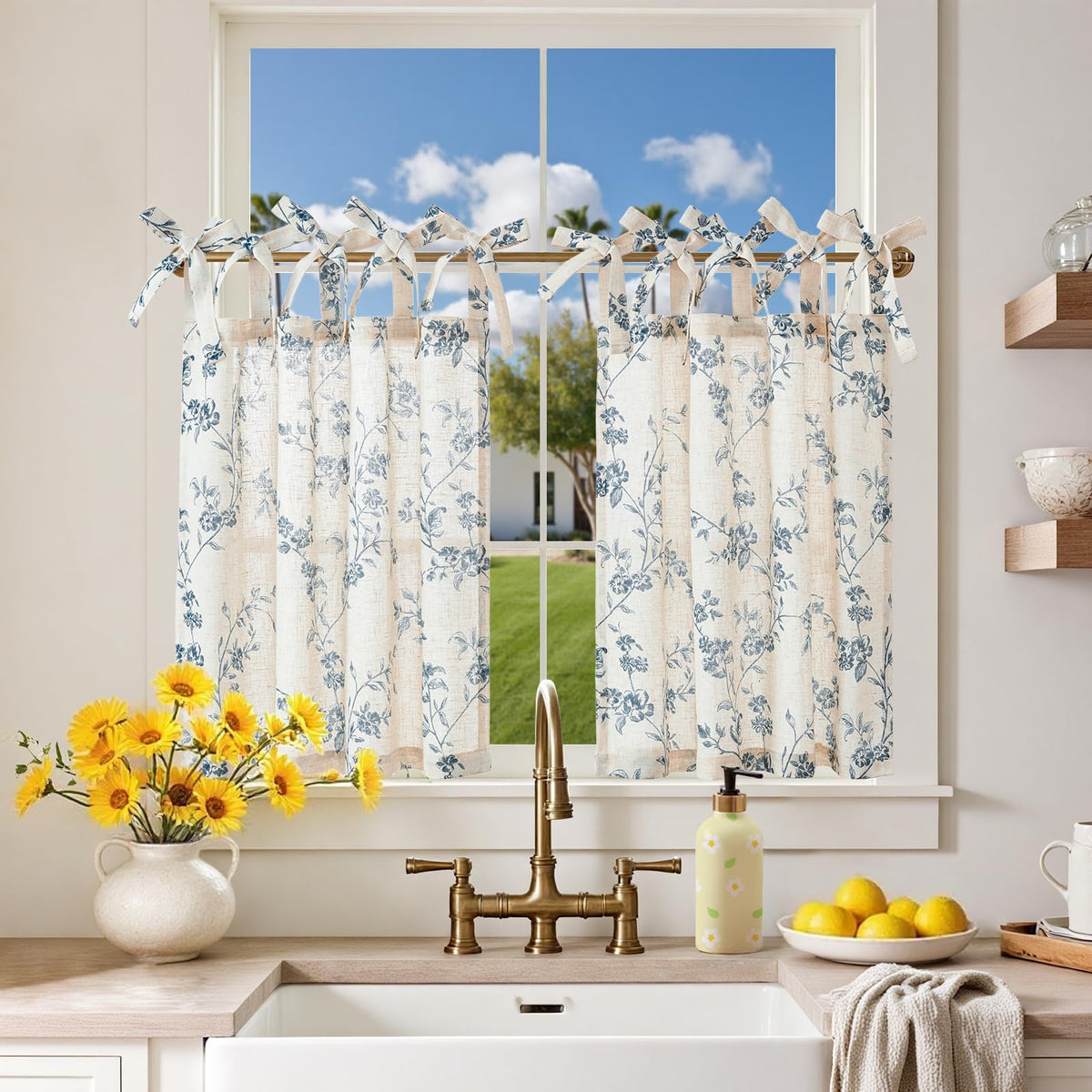 jinchan Solid Linen Kitchen Tier Curtains 24 Inches Tie Top 2 Panles Crude