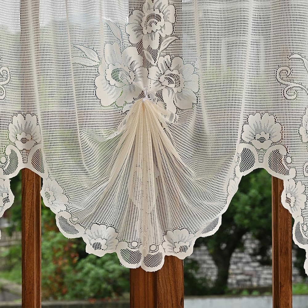 Jayla Beige Semi-Sheer Floral Lace Curtain Swag for Kitchen Half Window Bathroom Decoration Rod Pocket,39 x 39 Inch, 1 Panel
