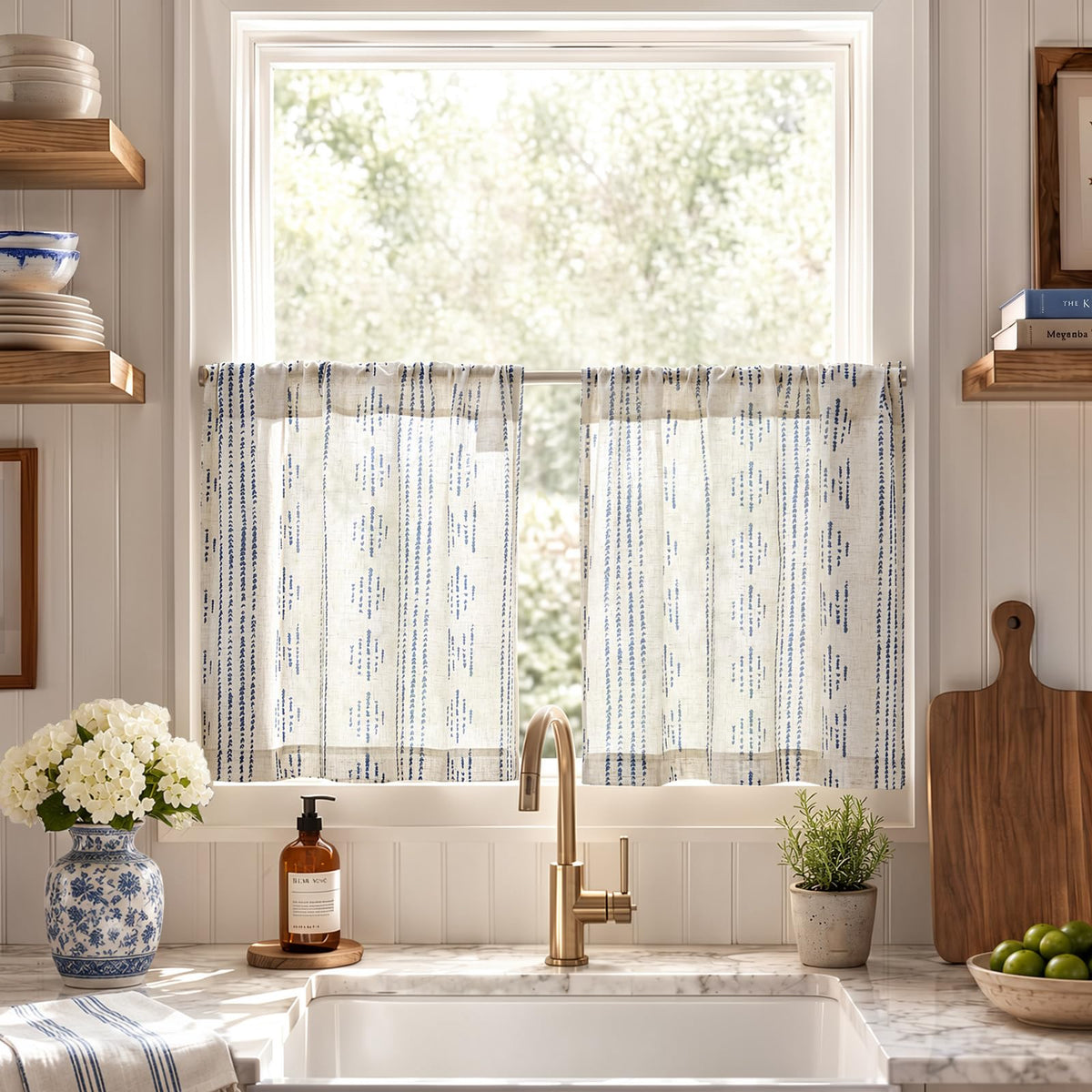 jinchan Linen Striped Tier Curtains for Kitchen Windows Farmhouse