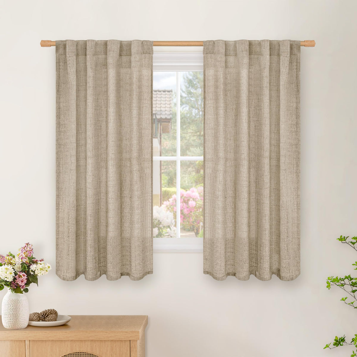 BGment White Linen Kitchen Curtains 40 Inch Length for Short Window