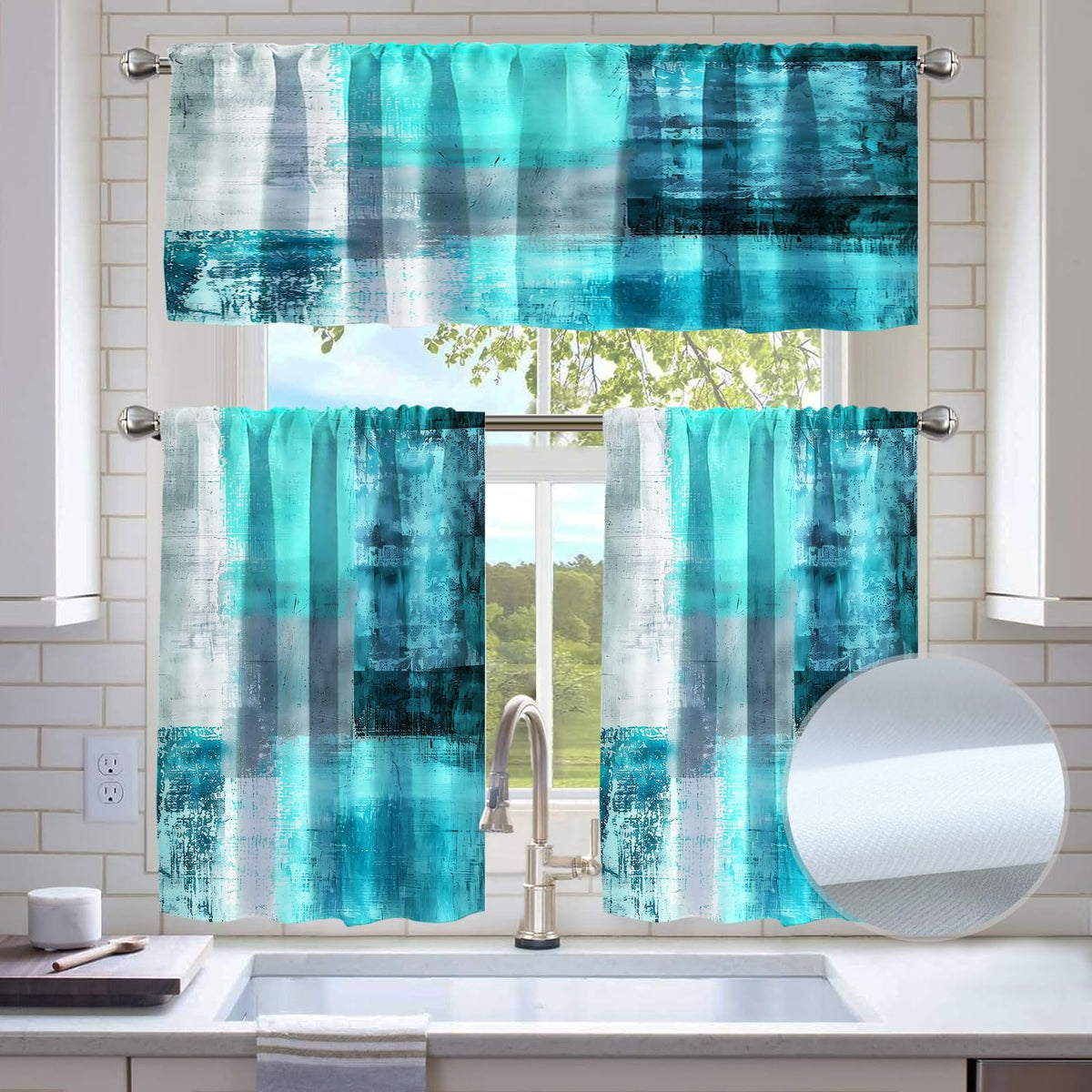 Kitchen Curtains Sets for Windows,52x36 Inch 3 Piece,Green Marble