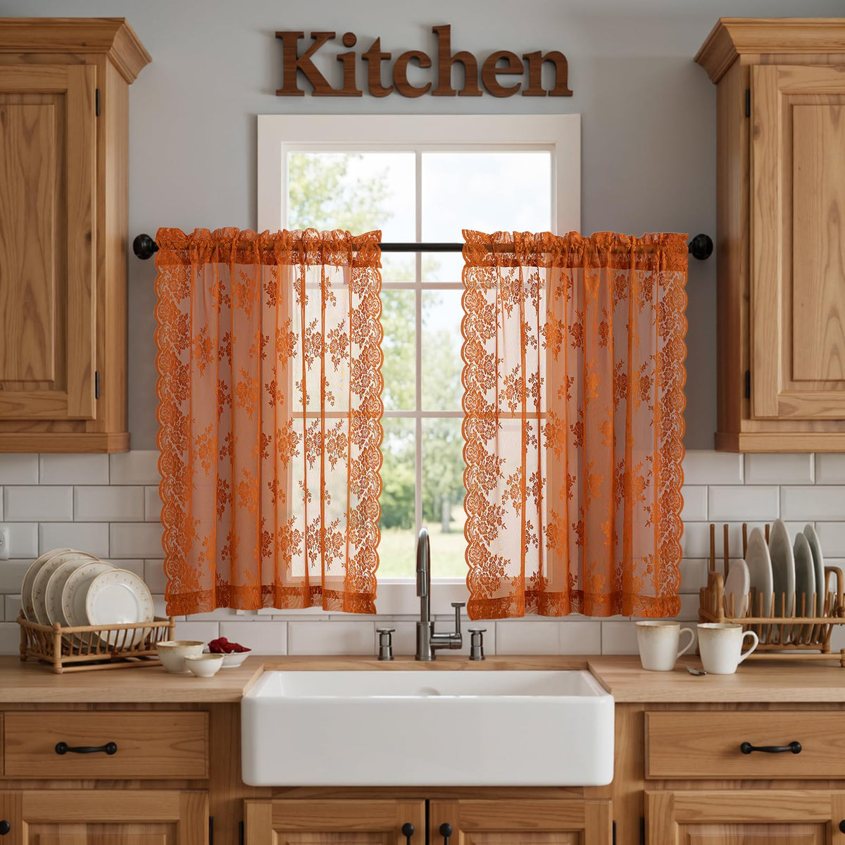 Kotile Short Beige Lace Curtains for Kitchen Windows W42xL45 Inch, 2 Panels