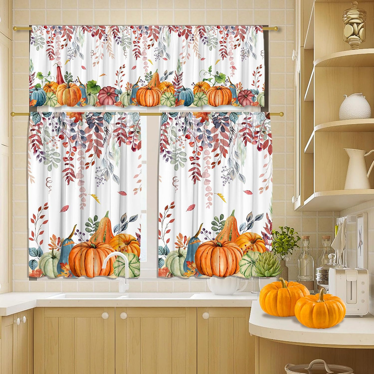 FUTBU Fall Kitchen Curtains for Windows-Fall Decorations Leaves Pumpkin Valances-Autumn Leaf Curtains and Valances Set Decor for Cafe Living Room 27''x24'' 2 Panel & 54x18 Inch Tier Set Thanksgiving
