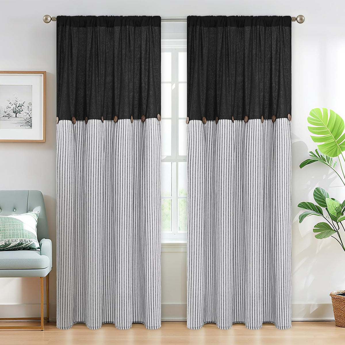 ASPMIZ Cotton Linen Kitchen Valance Curtains, Boho Rustic Button Linen Valances for Windows Farmhouse, Black with Grey Stripe Valance Window Topper Treatment Window Valances for Bathroom, 52 x 18 Inch