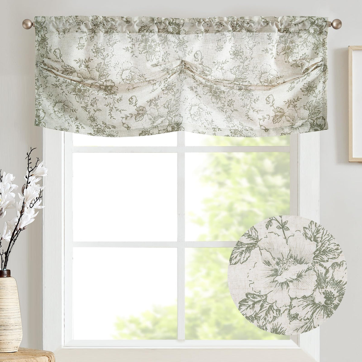 jinchan Linen Kitchen Valance with Lined Floral Valance Curtain 16 Inch Farmhouse Red Peony Flower Printed Curtain for Windows Living Room French Retro Patterned Rod Pocket 1 Panel Red on Beige
