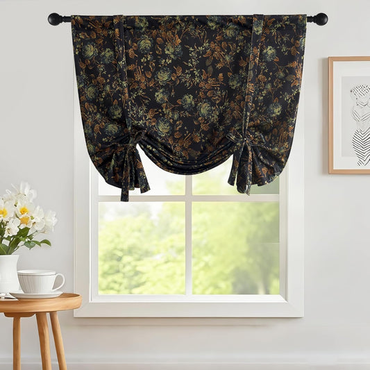 StangH Black Floral Tie Up Velvet Curtains, W34 x L45, 1 Panel