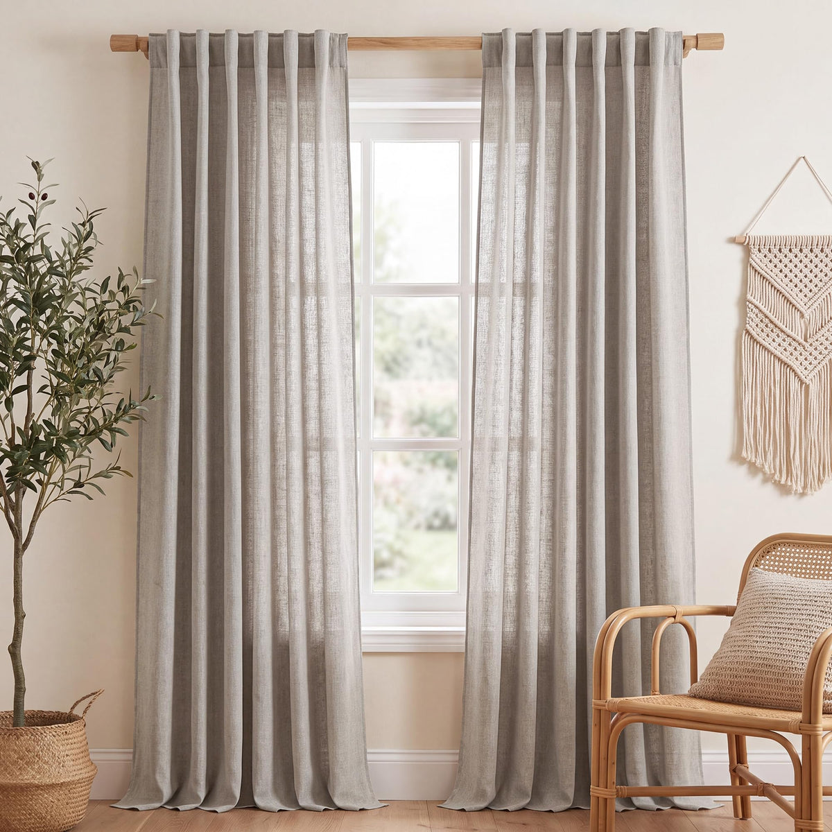 NICETOWN Natural Linen Kitchen Curtains 26 inches Long, Rod Pocket & Back Tab Semi Sheer Flax Window Treatments Rustic & Cute for Cafe/Kids Room, W37 x L26, 2 Panels