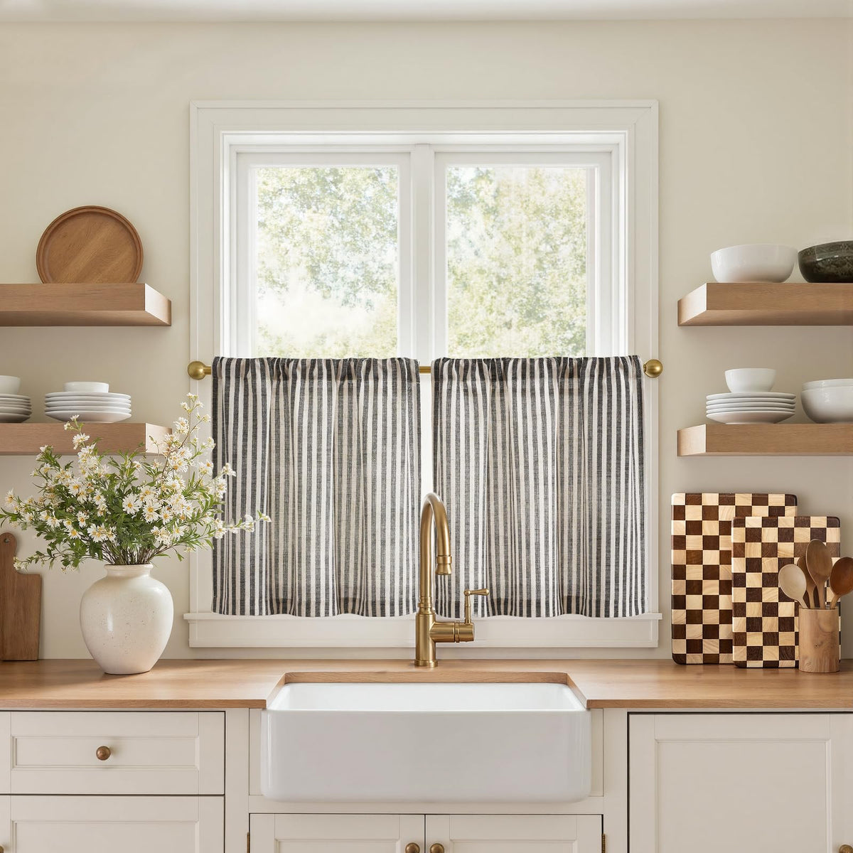jinchan Striped Linen Kitchen Tier Curtains, 30 Inch, Sage Green, 2 Panels