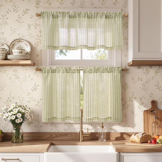 jinchan Sage Green Linen Kitchen Curtains and Valance Set Rod Pocket