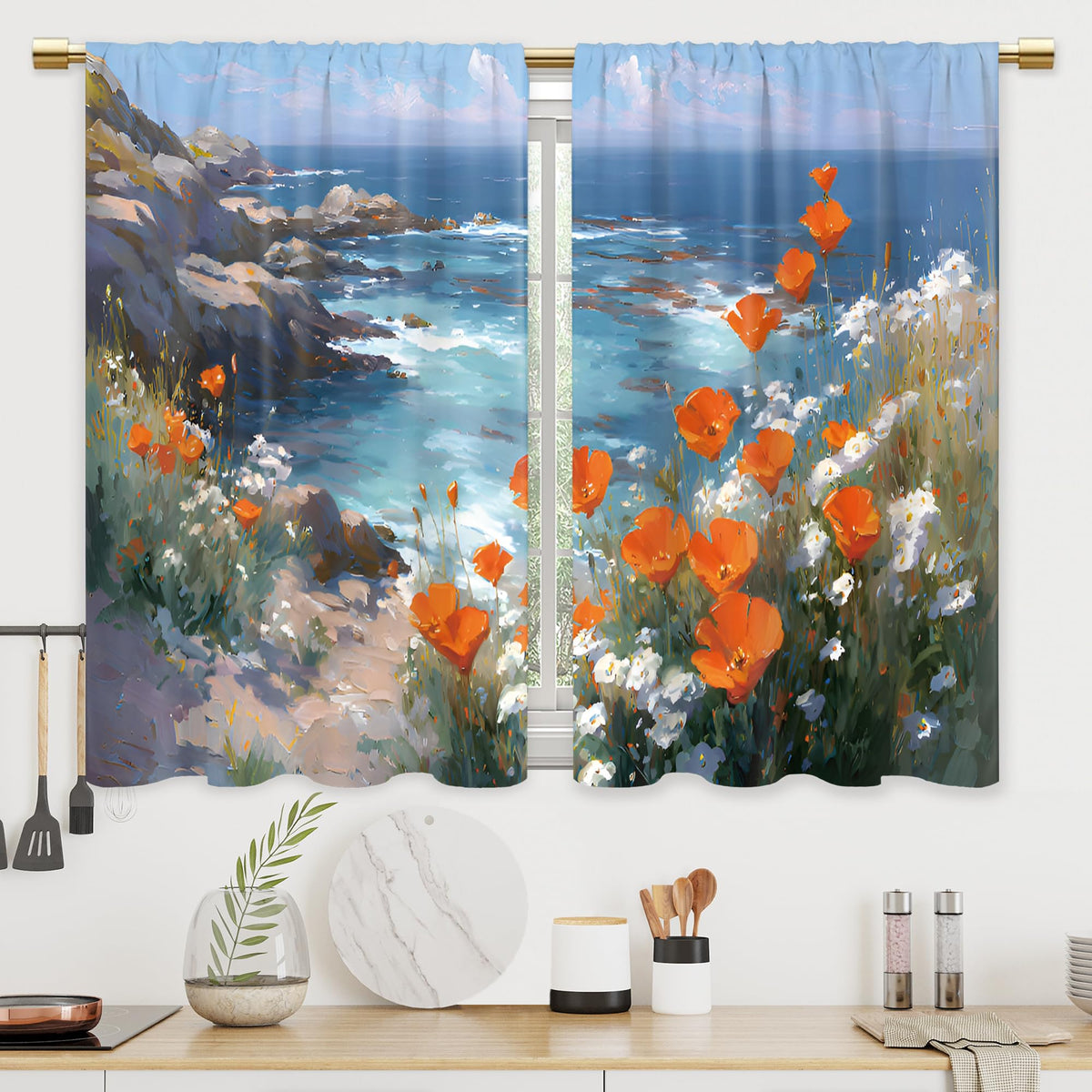Colorful Leaves Kitchen Curtains Boho Botanical Bathroom Curtains Window Treatment Drapes Tier Flower Floral Cafe Small Bedroom Short French Door Curtains Rod Pocket 2 Panels 27.5x39 Inch