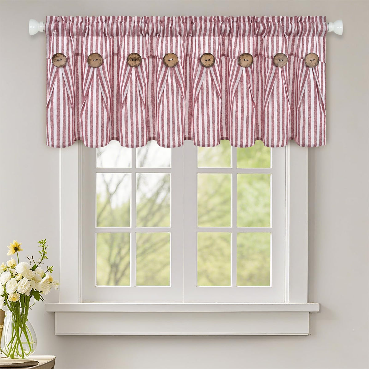 ASPMIZ Cotton Linen Kitchen Valance Curtains, Boho Rustic Button Linen Valances for Windows Farmhouse, Black with Grey Stripe Valance Window Topper Treatment Window Valances for Bathroom, 52 x 18 Inch