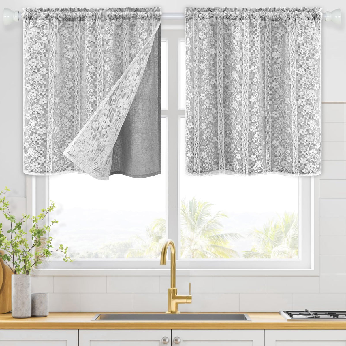 ASPMIZ Linen Kitchen Curtains 36 Inch Length, Double Layered Window Curtain 2 Panel Sets Rod Pocket Short Curtains for Kitchen, Farmhouse Window Treatment Tiers for Bathroom, Cafe, Beige