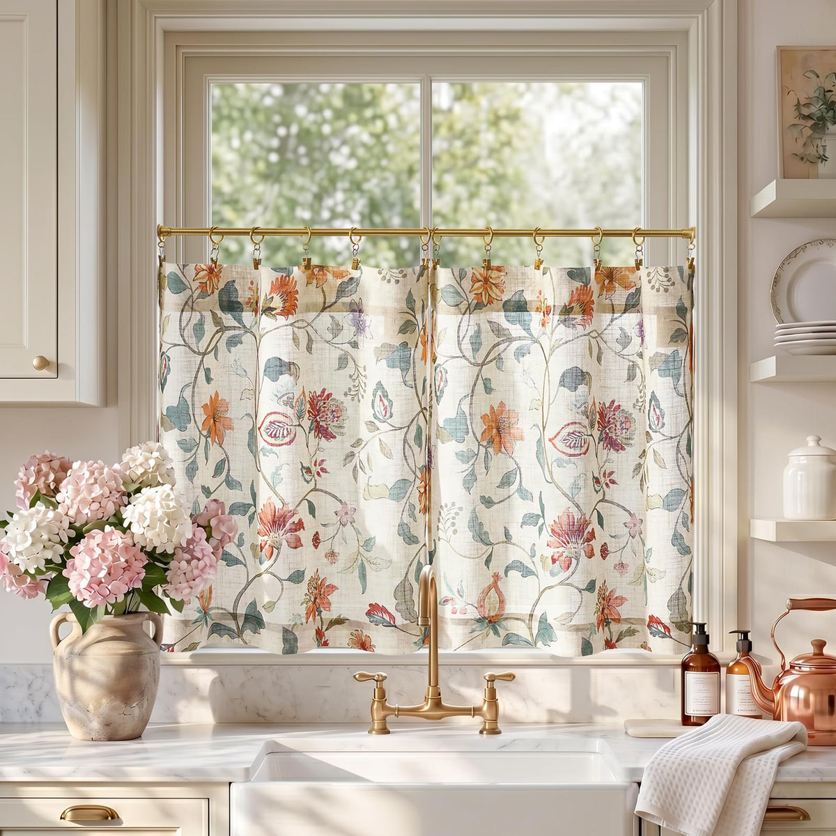 jinchan Hattie Floral Linen Kitchen Tier Curtains Beige 36 in 2 Panels
