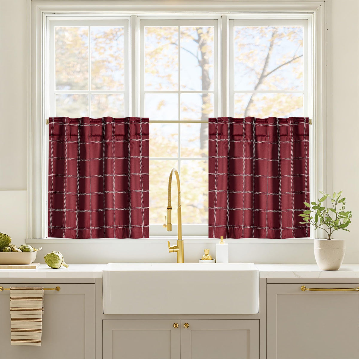 NICETOWN Olive Green Farmhouse Gingham Tiers Kitchen 100% Blackout Curtains
