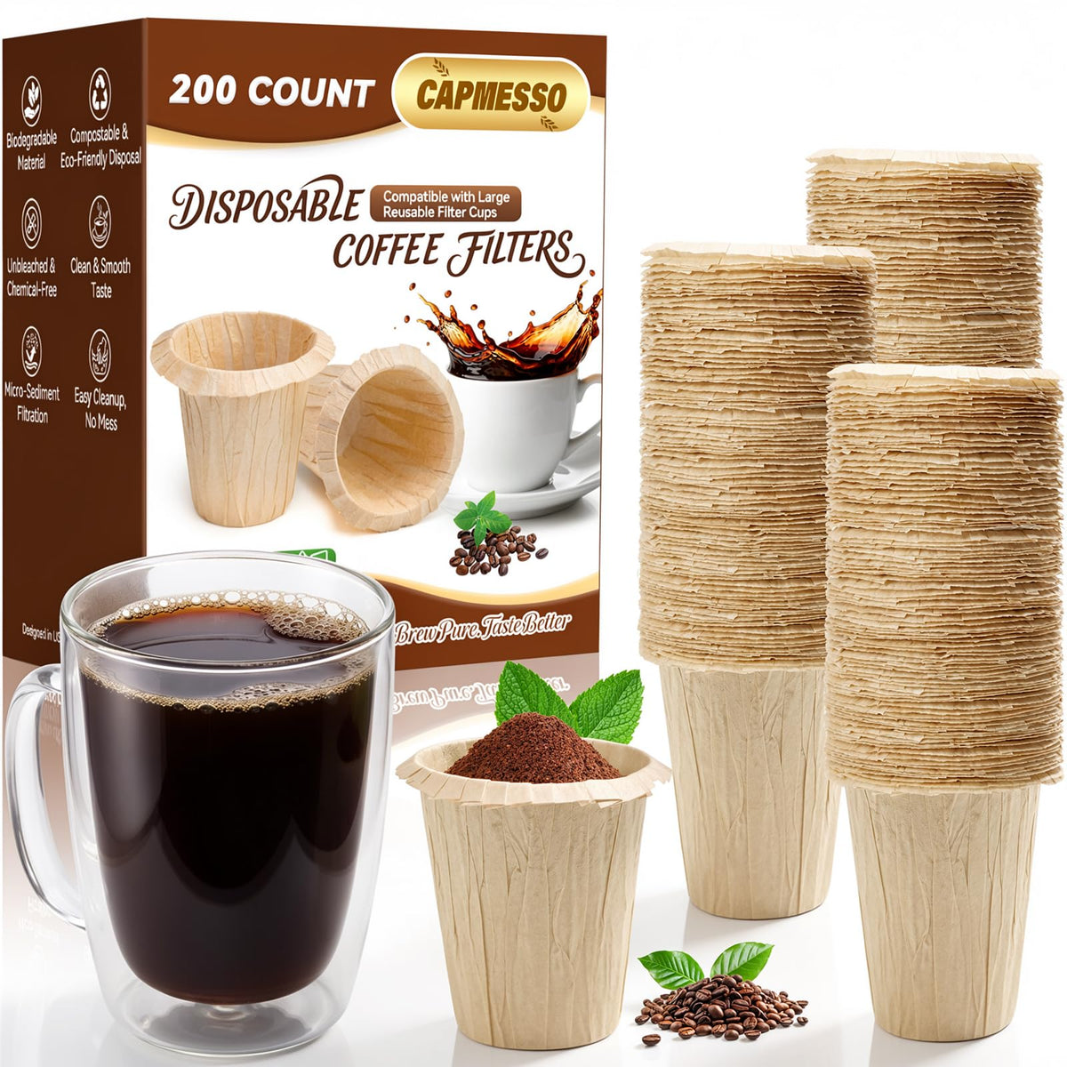 CAPMESSO Disposable Coffee Filters 2.1"H - for My K-Cup & Cuisinart SS-RFC