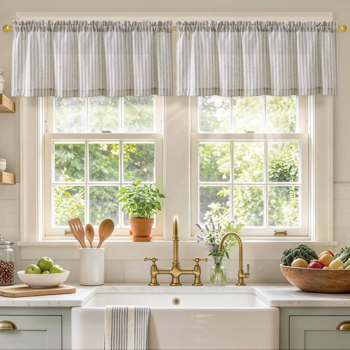 jinchan Linen Boxter Stripe Valances for Window 16 inch,Sage Green,1 Panel