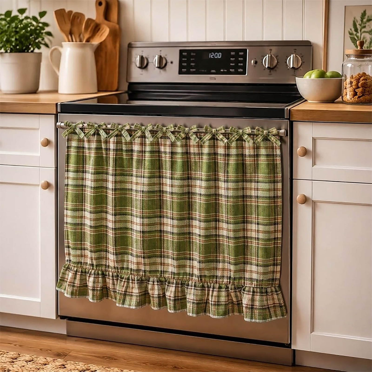 LOSOZO Oat Handmade Oven Skirt for Farmhouse Kitchen Décor, Oven Curtain Tie Top Decorative Cabinet Dish Washer Oven Curtains, Ruffled Fabric Appliance Cover with Ribbon Ties