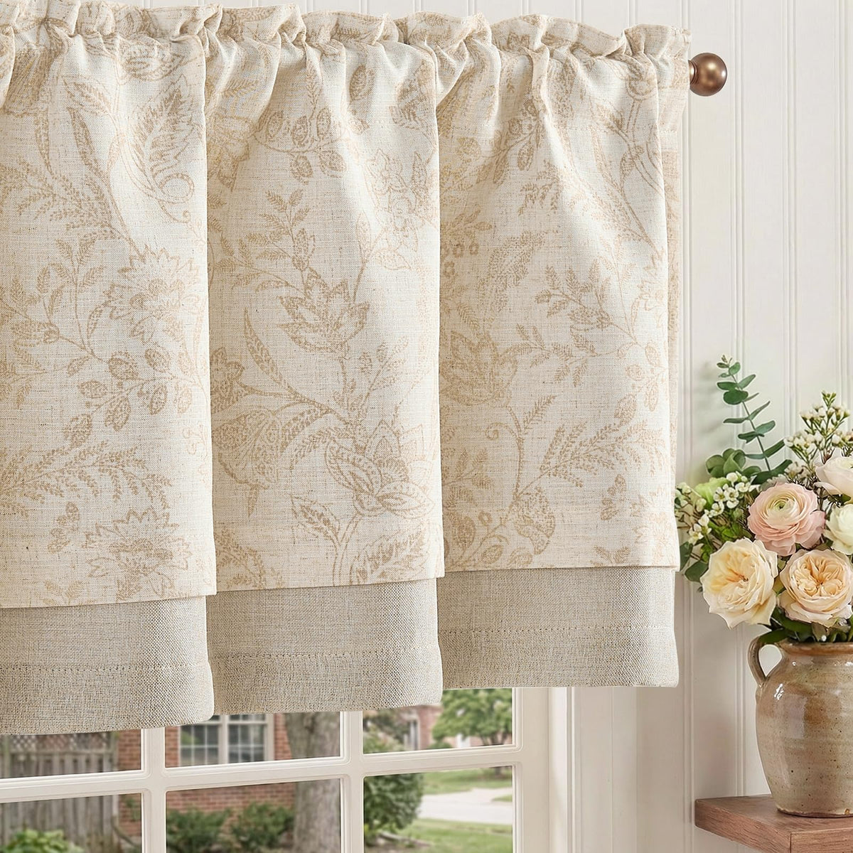 jinchan Floral Linen Kitchen Valance Curtain, 50x16, 1 Panel, Black