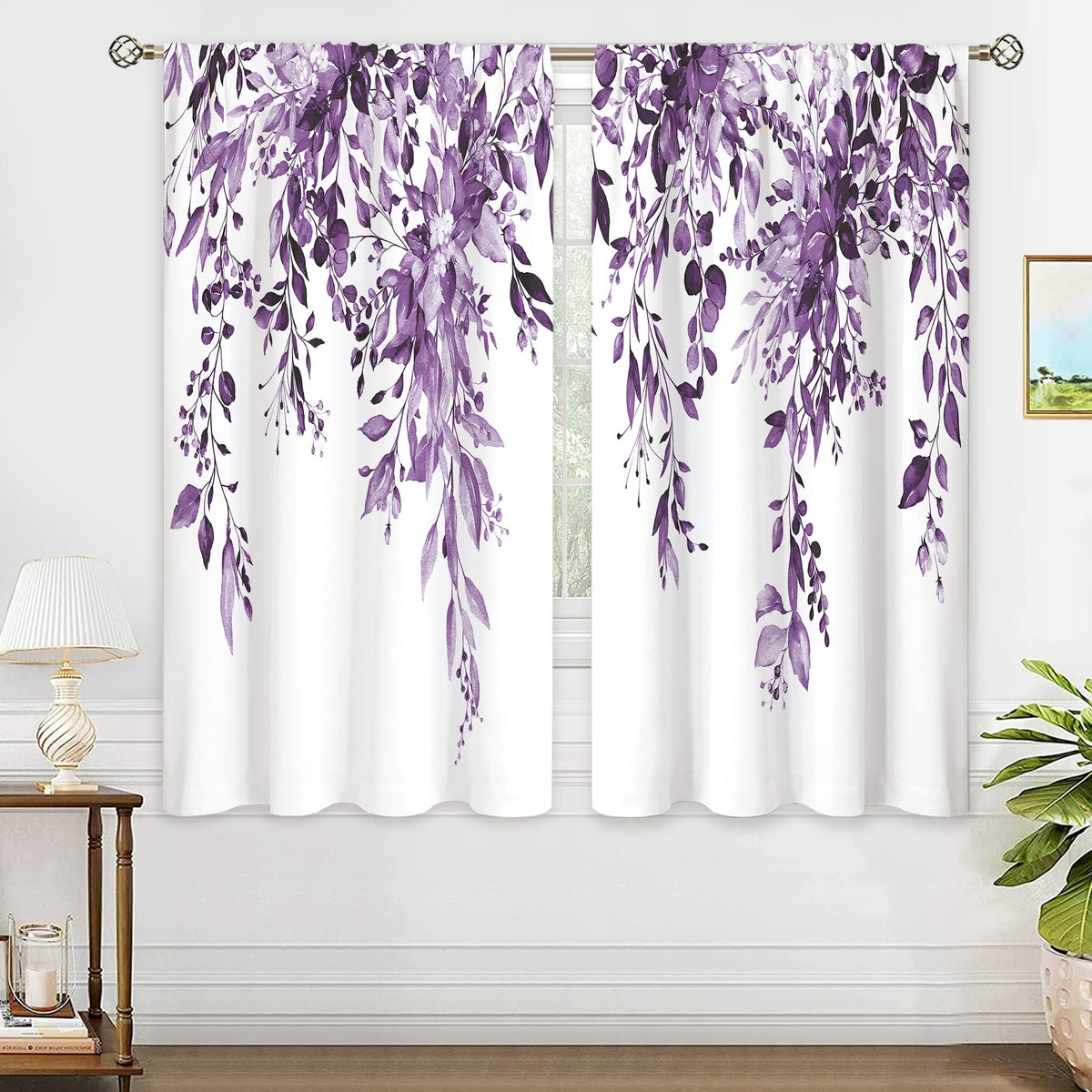 Eucalyptus Botanical Leaves Floral Kitchen Window Curtains Over Sink Boho Farmhouse Flower Leaf Small Window Treatment Sage Green Cafe Short Curtains for Bathroom Tier Drapes 27.5x39 inch