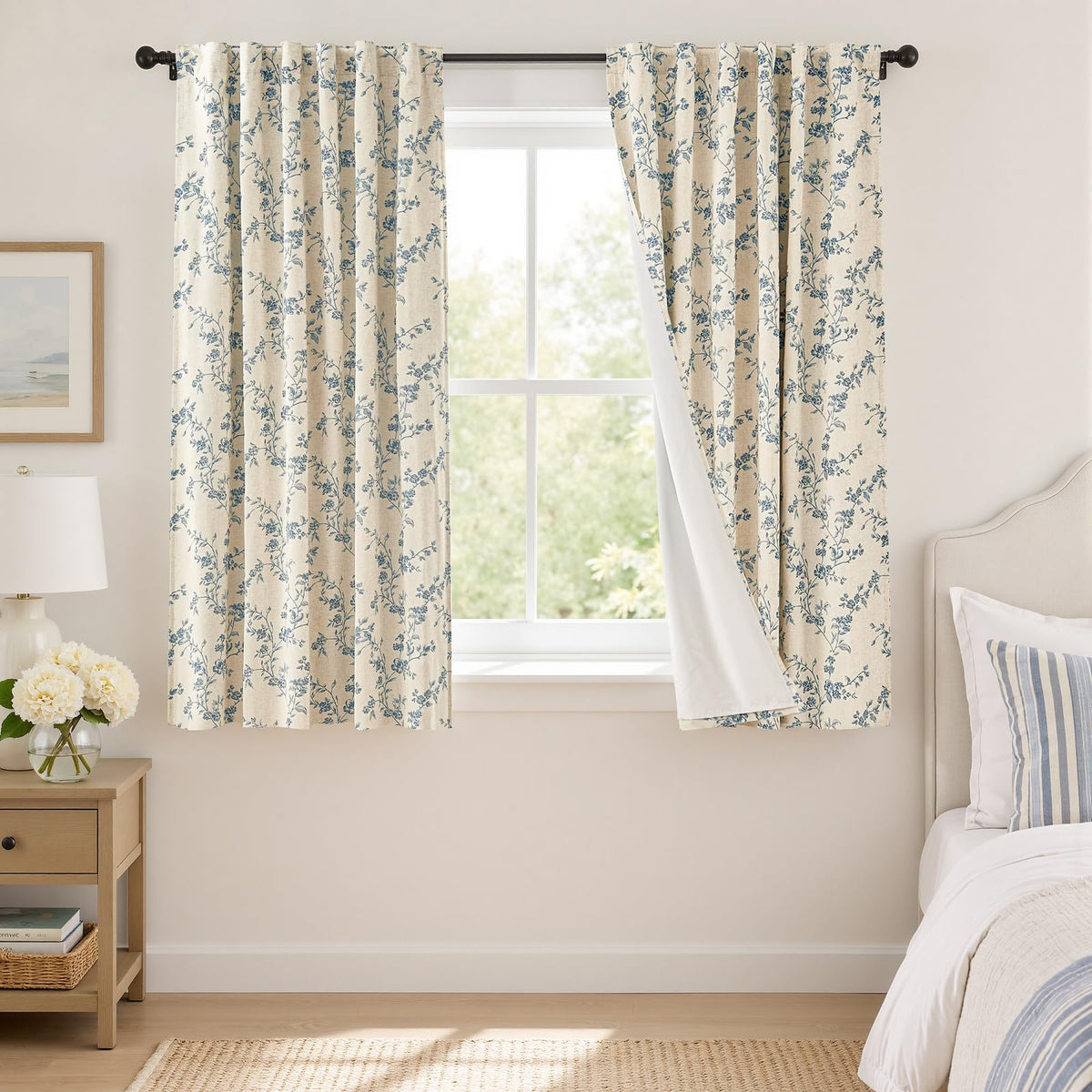 Lazzzy Green Vintage Floral Linen Curtains Farmhouse 26W X 36L 2 Panels