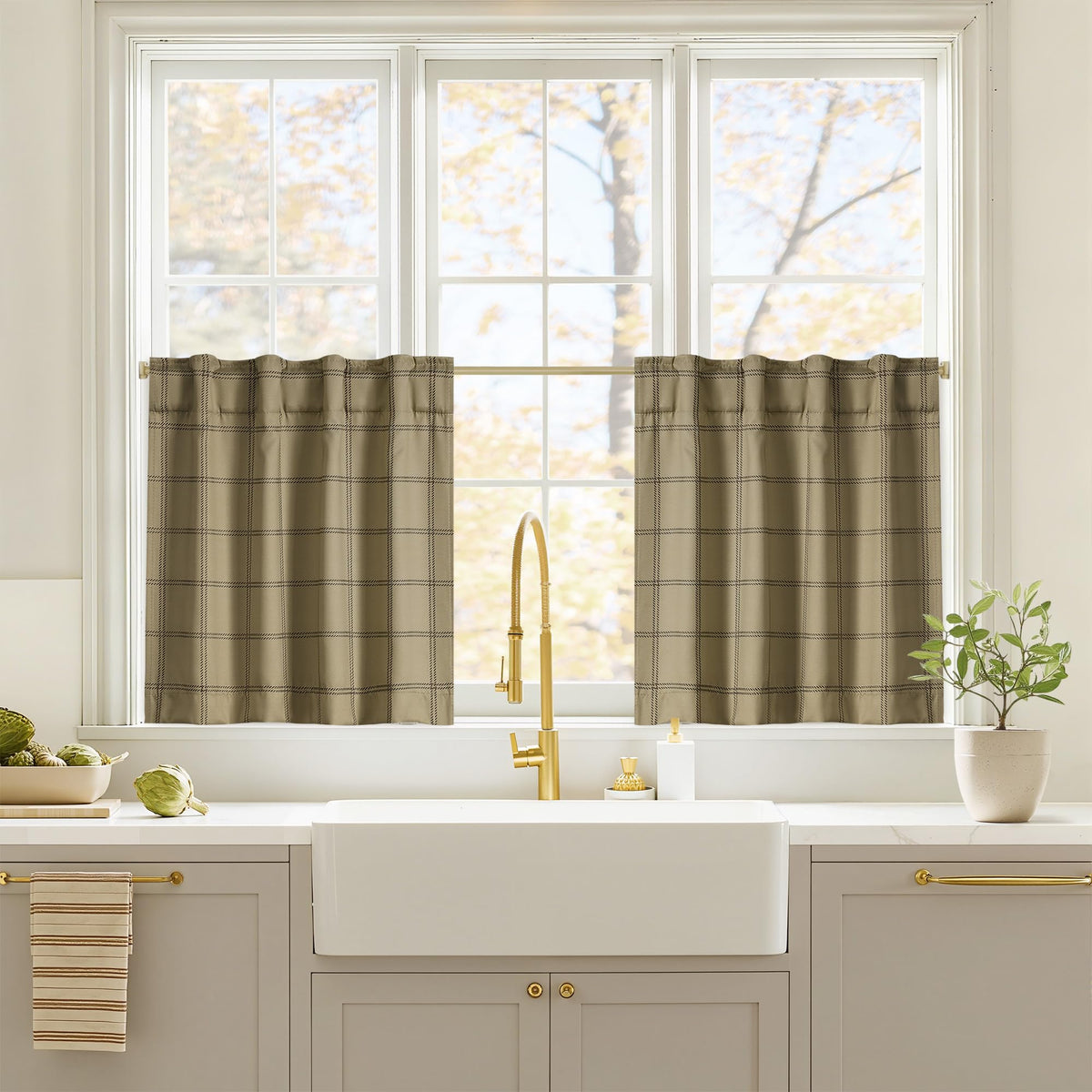 NICETOWN Olive Green Farmhouse Gingham Tiers Kitchen 100% Blackout Curtains