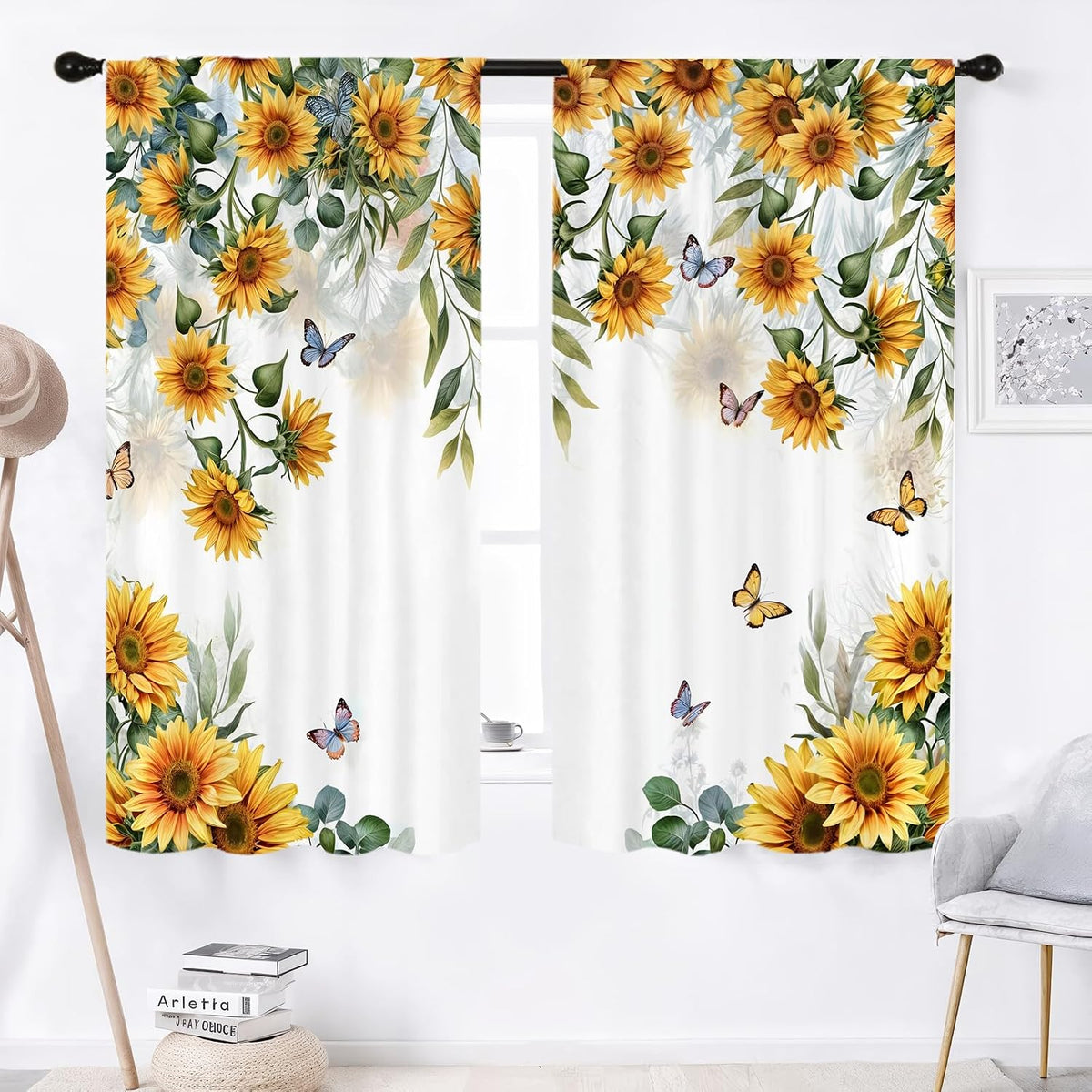 Yellow Sunflower Kitchen Curtains 42W X 63L Inch 2 Panels Rod Pocket Country Rustic Floral Flower Butterfly Farmhouse Over Sink Small Short Cafe Tier Window Treatment Bathroom Decor