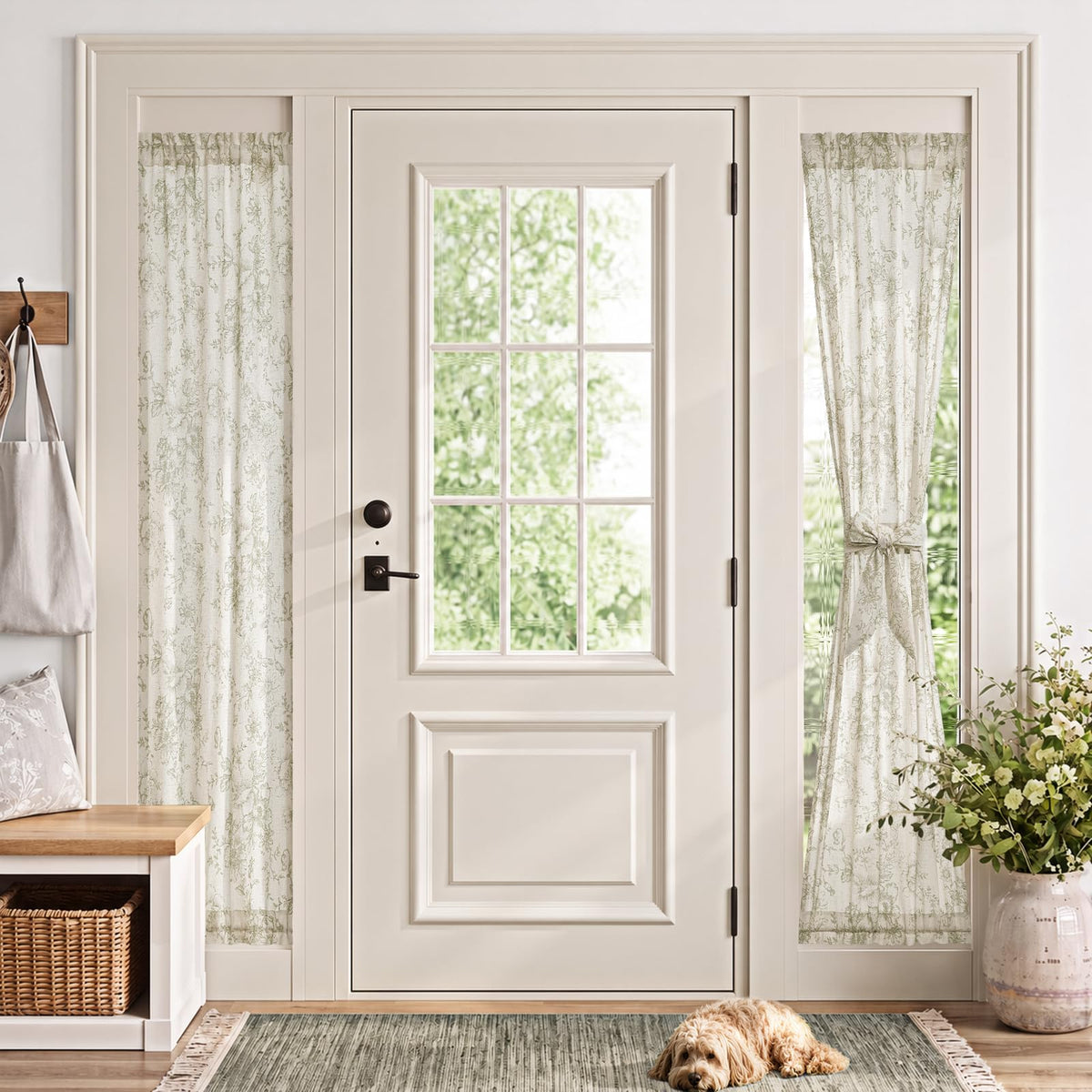 jinchan Blue Linen Floral French Door Curtain 40 Inch Rod Pocket 1 Panel