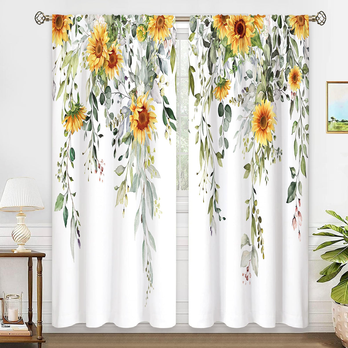 Eucalyptus Botanical Leaves Floral Kitchen Window Curtains Over Sink Boho Farmhouse Flower Leaf Small Window Treatment Sage Green Cafe Short Curtains for Bathroom Tier Drapes 27.5x39 inch