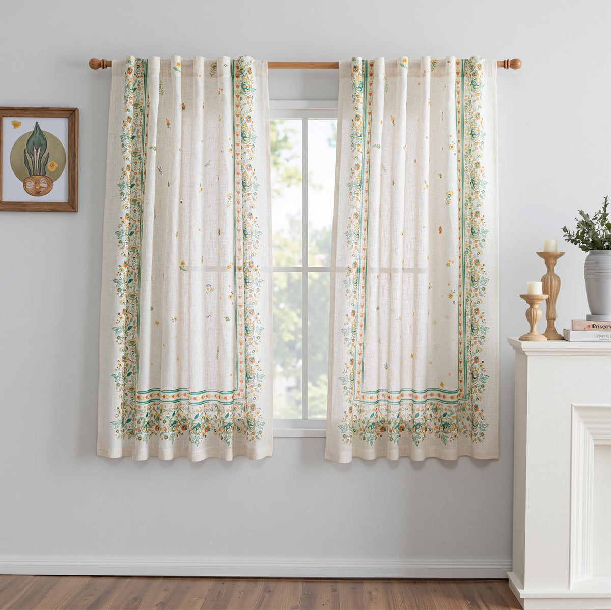 MYSKY HOME Floral Linen Kitchen Tier Curtains 36 Inch Long 2 Panels