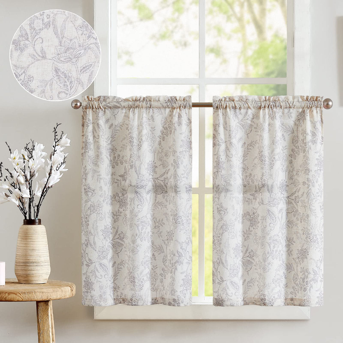 jinchan Floral Kitchen Tier Curtains 24 Inch 2 Panels Sage Green on Beige
