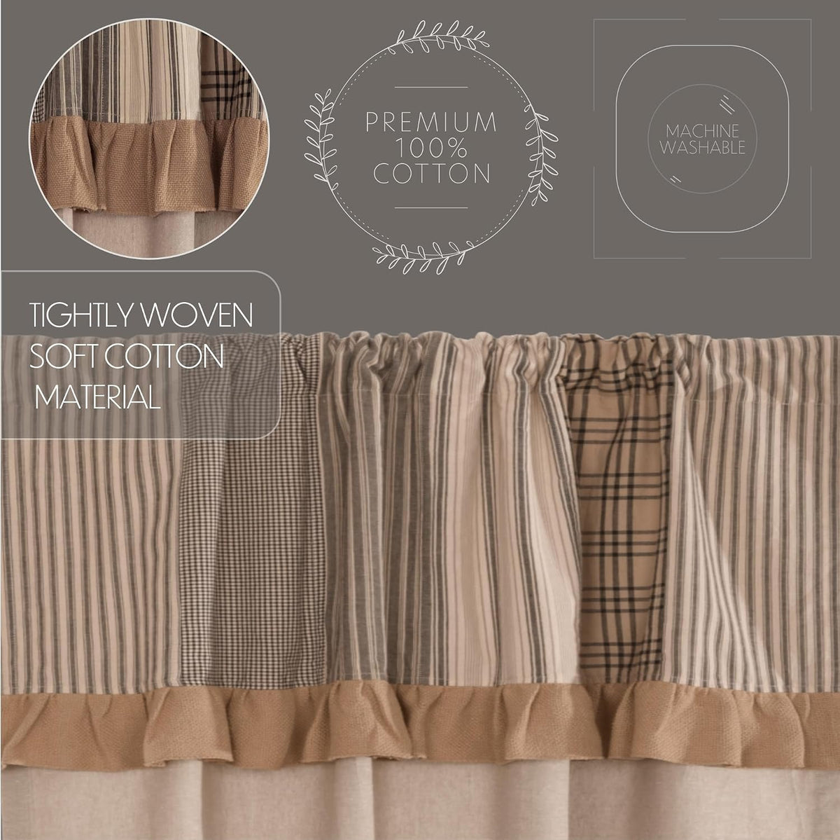 VHC Brands Sawyer Mill Curtain, Panel 63x36, Charcoal Khaki Tan