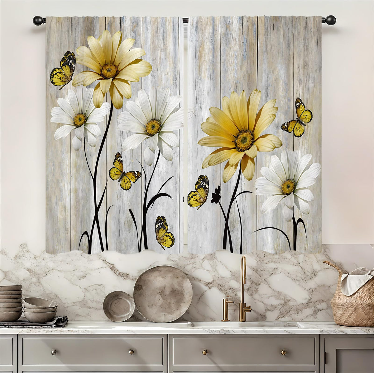 Yellow Sunflower Kitchen Curtains 42W X 63L Inch 2 Panels Rod Pocket Country Rustic Floral Flower Butterfly Farmhouse Over Sink Small Short Cafe Tier Window Treatment Bathroom Decor