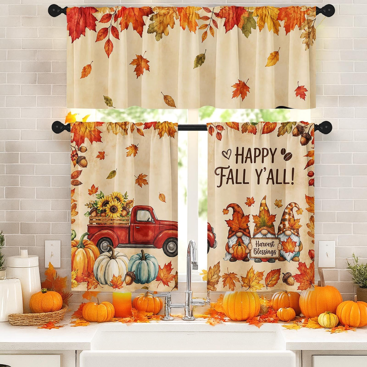 Arttown Fall Kitchen Curtains Sets for Windows, Pumpkin, 52x36 Inch