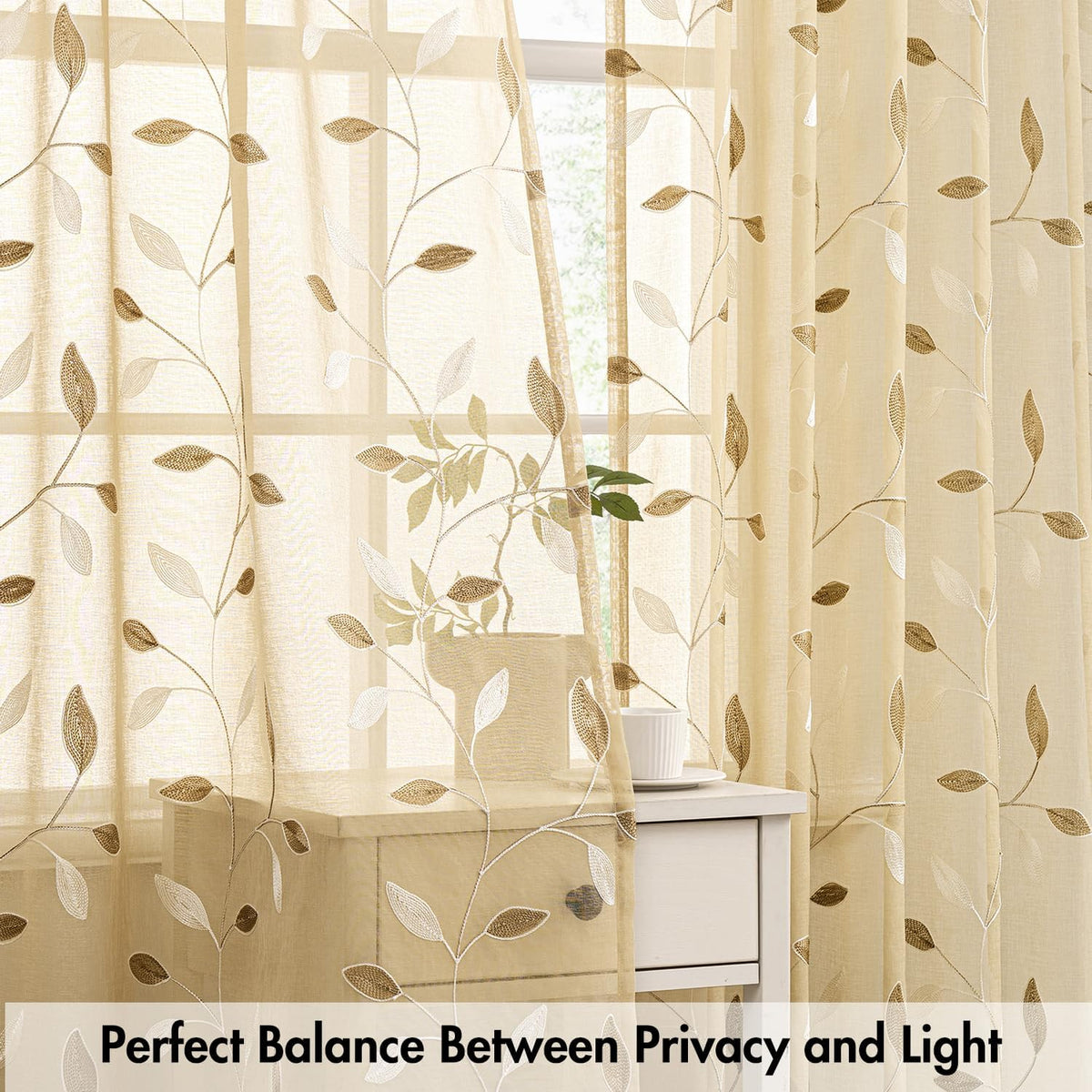 MIULEE Beige Sheer Curtains 2 Panels Embroidered Leaf Patterned, W52 x L63